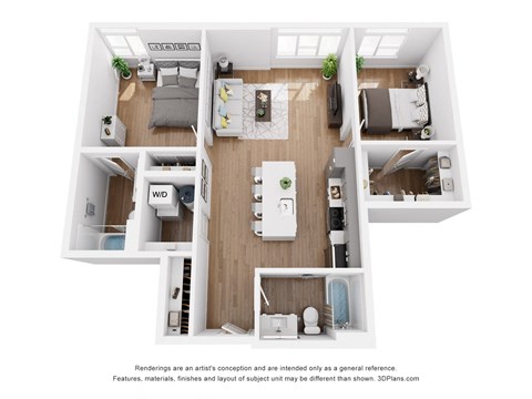 Floor plan for 2 beds, 2 baths, 996 sqft
